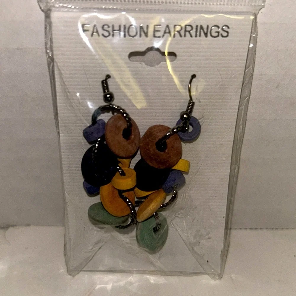 Summer multicolored earrings colorful wooden pierced 2 pair